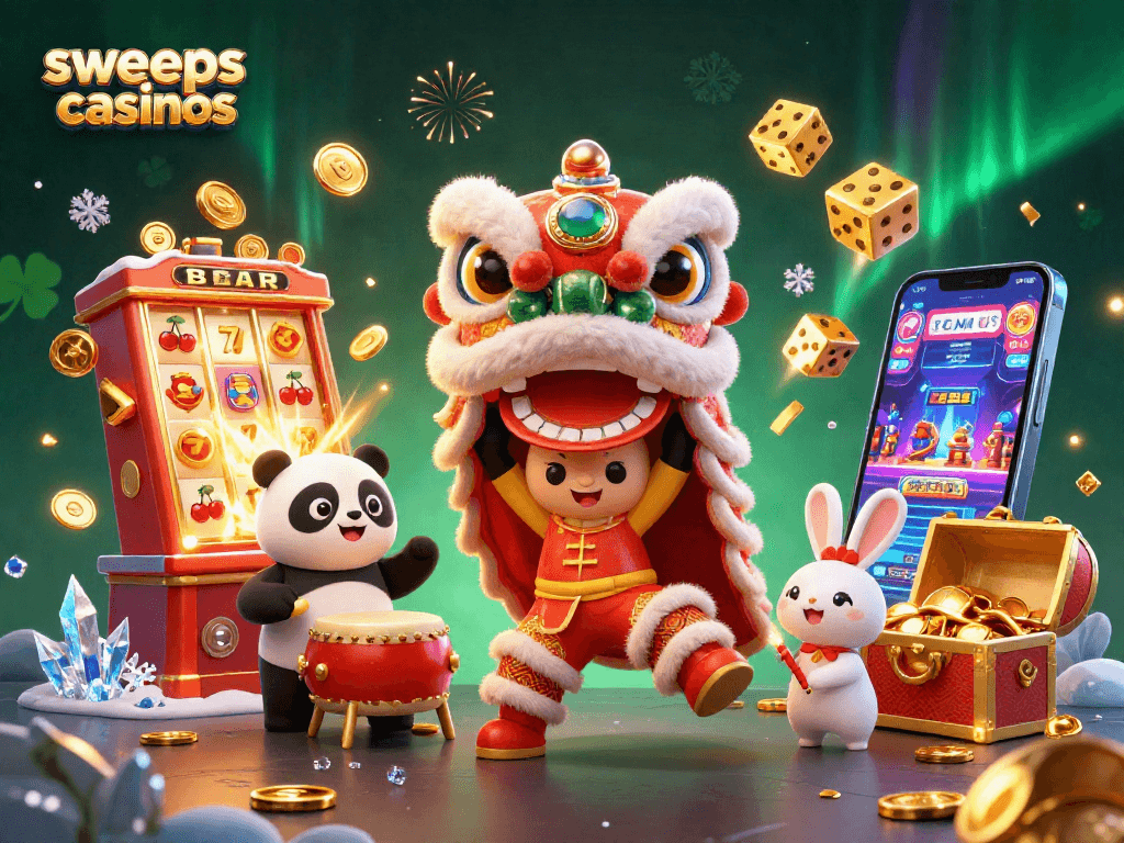 Sweeps casinos come alive in a festive scene with a lion dance, drumming panda, and vibrant slot machines.