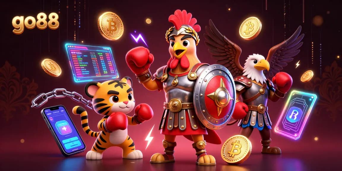 Engage in thrilling online gambling with go 88 featuring a gladiator rooster and gaming elements.