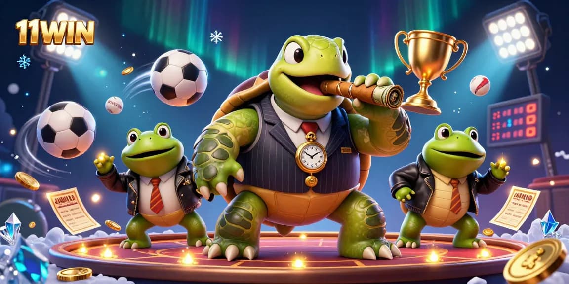 Win big at 11WIN with an engaging illustration of a turtle mobster and bullfrog enforcers.