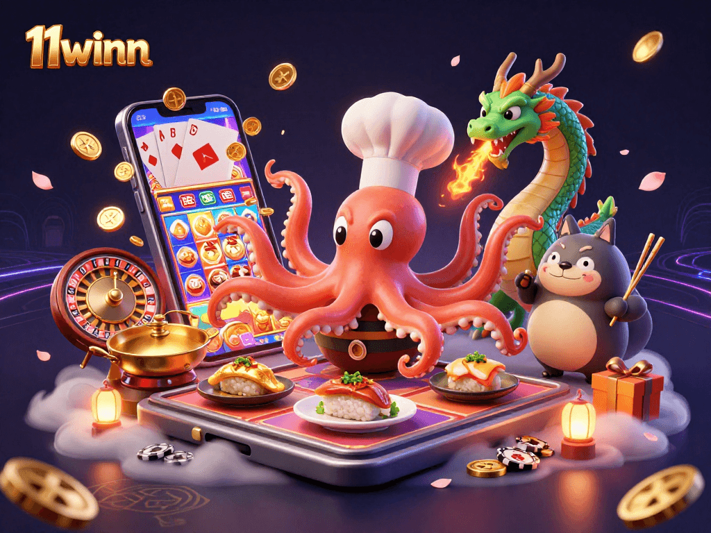 Experience exciting wins with 11winn featuring a cartoon octopus chef, a dragon, and a tanuki in a rich gaming scene.