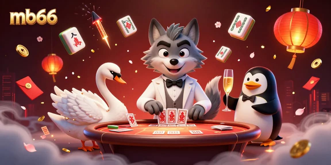 Experience thrilling moments at mb66 casino as elegant characters deal cards and present champagne.