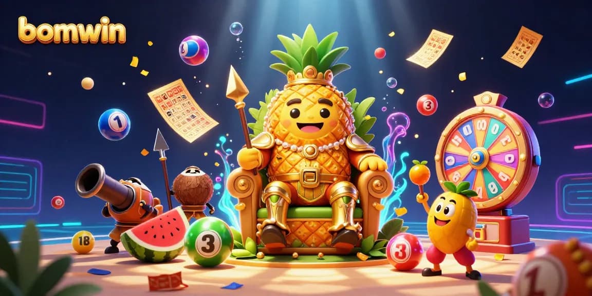 Engage with bomwin's vibrant lottery scene featuring a golden pineapple king with lively game elements.