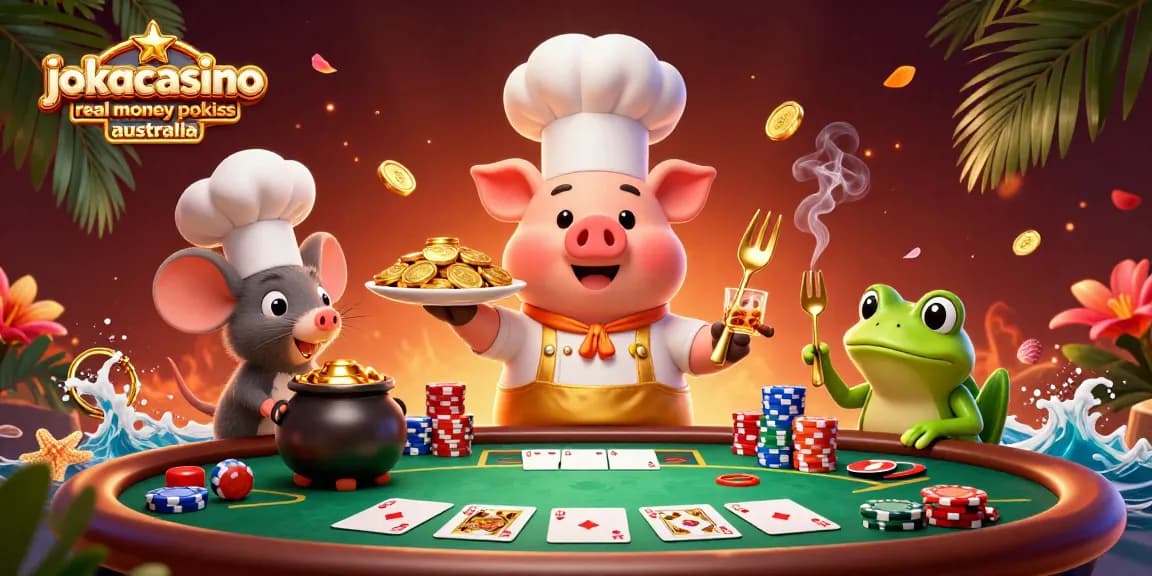 Enjoy fun at jokacasino real money pokies Australia, featuring vibrant characters, gold coins, and poker elements.