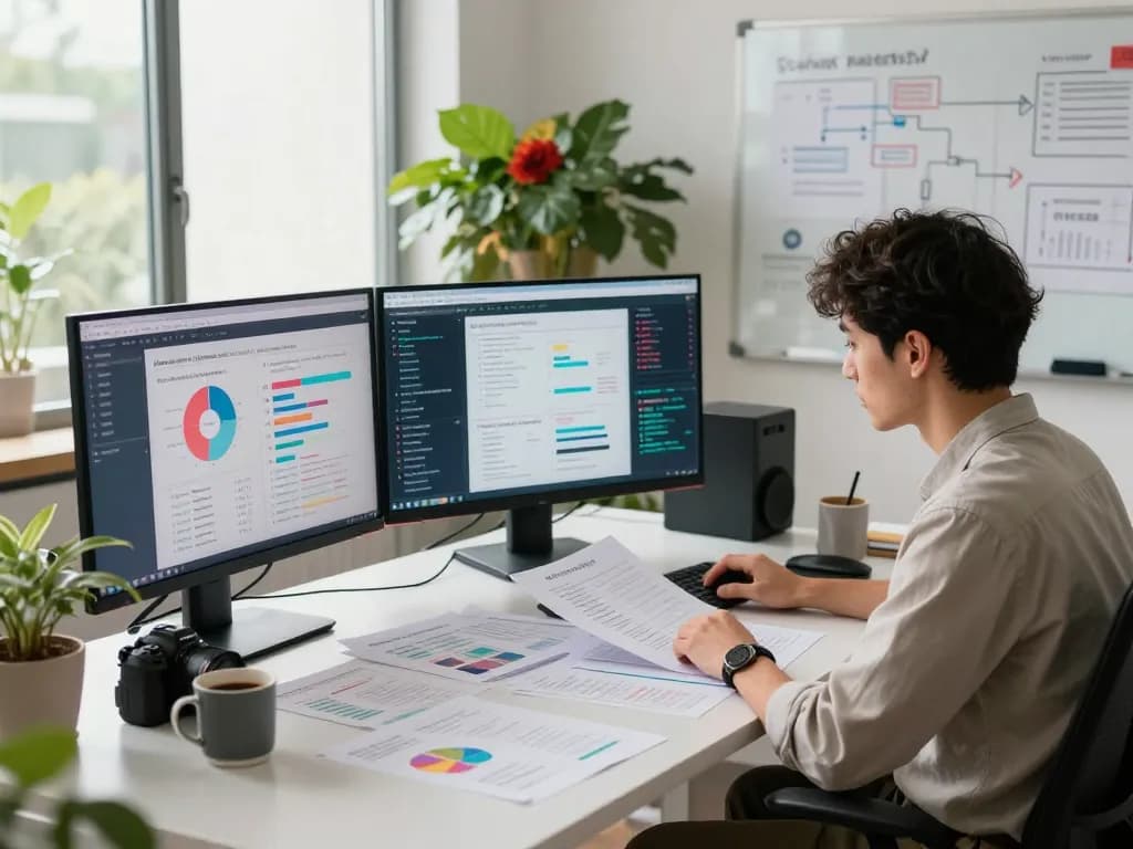 Person analyzing data on sex ai trends in a modern study space with multiple screens and research papers.