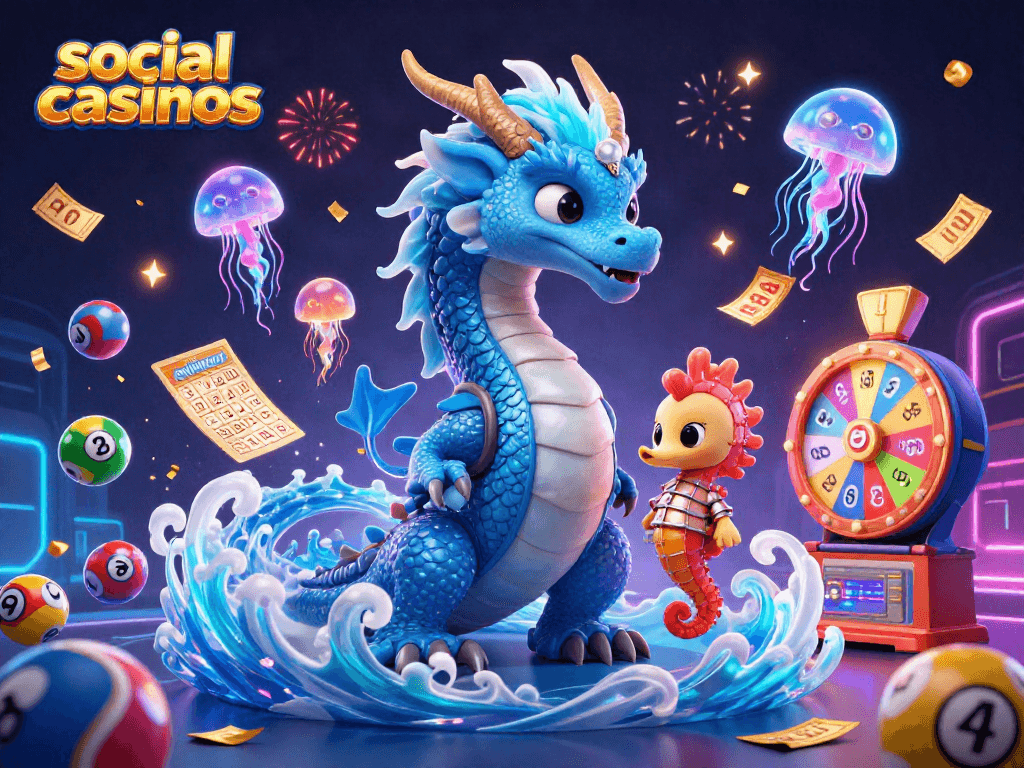 Spin to win excitement in vibrant social casinos with a majestic water dragon and seahorse knight.