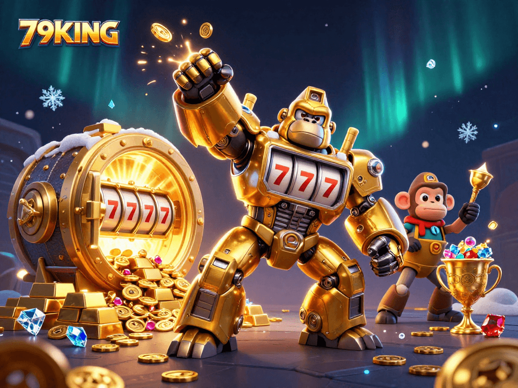 Experience thrilling slots action with the 79KING golden gorilla mech amidst gold and gems.