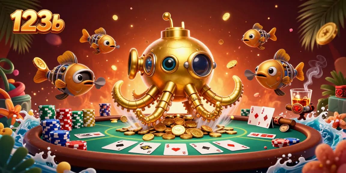 Experience the thrill of 123b with a vibrant poker scene featuring a golden kraken submarine.