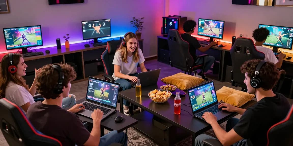 Friends playing sex games online in a vibrant gaming lounge with multiple devices and a lively atmosphere.