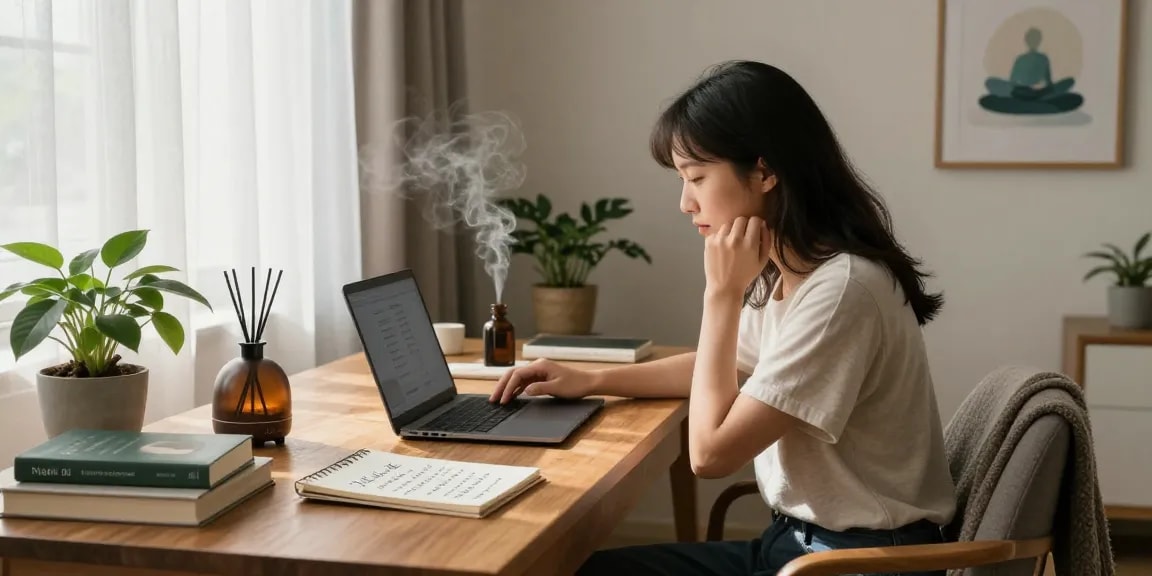 Exploring does adderall help with anxiety in a cozy wellness therapy setting, featuring a serene individual with laptop and books.