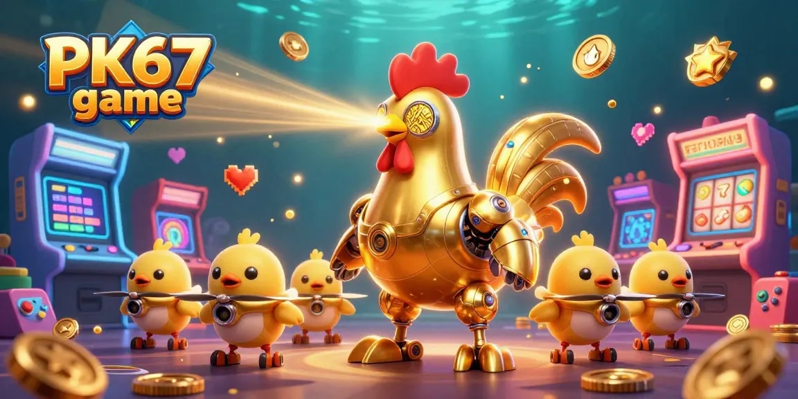 Engage with the thrilling PK67 game featuring vibrant characters and dynamic slot elements in a rich casino scene.