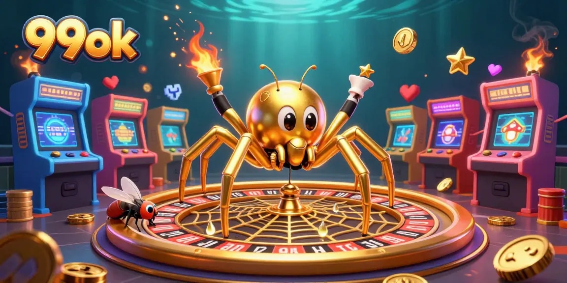 Experience thrilling gameplay at 99ok with a golden spider and roulette wheel.