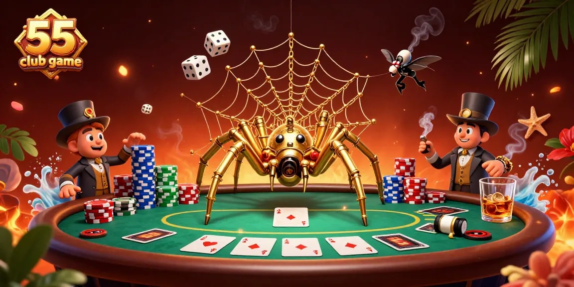 Experience the 55 club game thrill with a steampunk spider and poker elements in a vibrant casino scene.