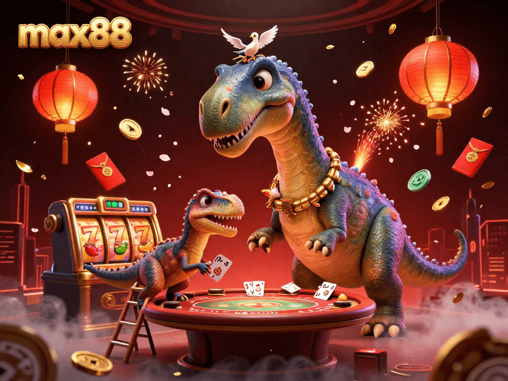 Experience the excitement of max88 with a lively 3D casino scene featuring a humorous brontosaurus and raptor dealers.