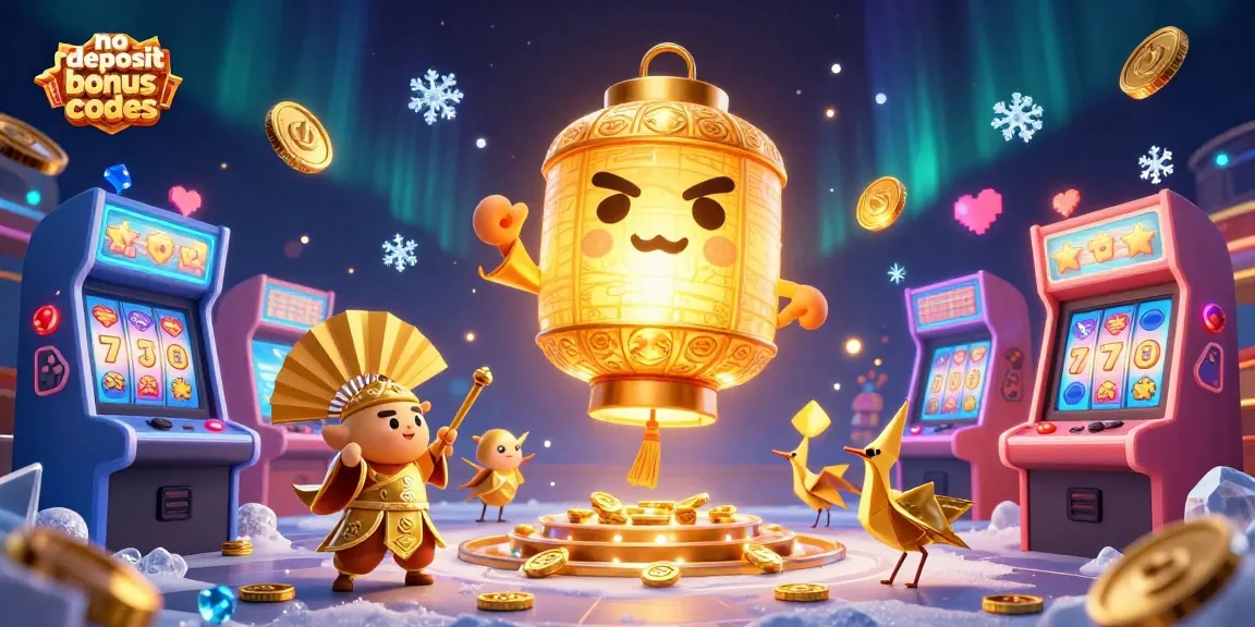 Engage with no deposit bonus codes in a vibrant casino scene filled with slot machines and lucky symbols.
