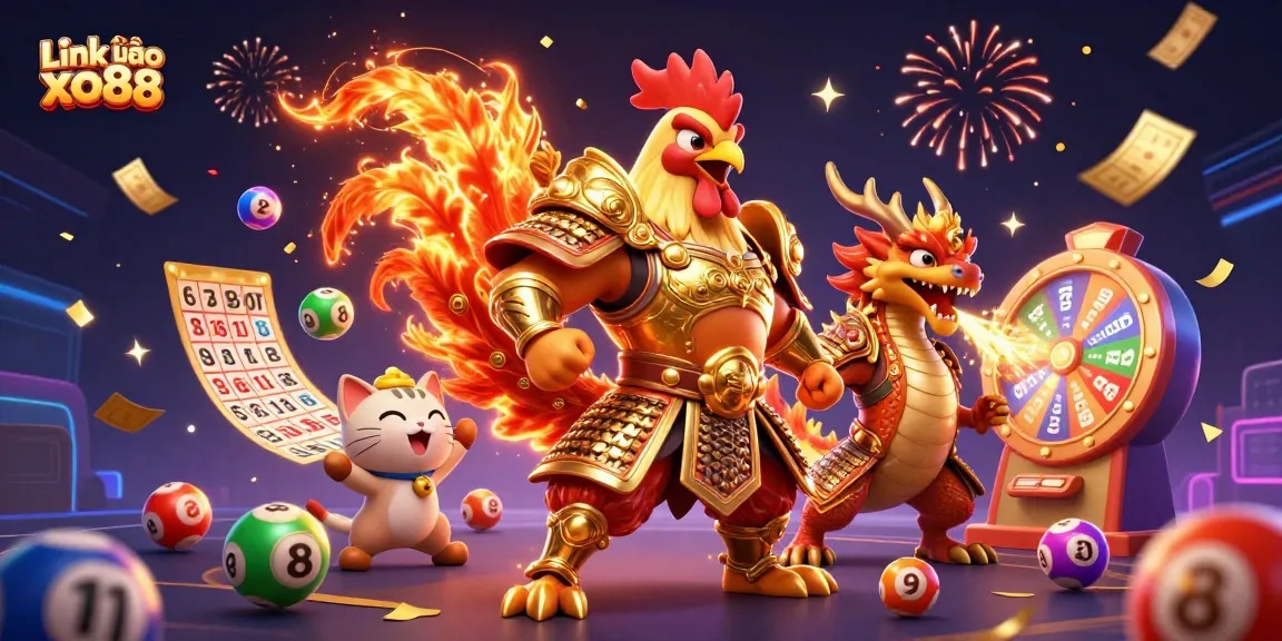 Engage with Link vào xo88 using vibrant lottery balls and festive casino elements in a dynamic scene.