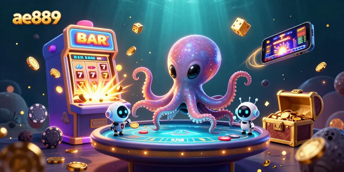 Experience thrilling gameplay at ae889 with a dynamic 3D illustration showcasing an alien octopus at a poker table.