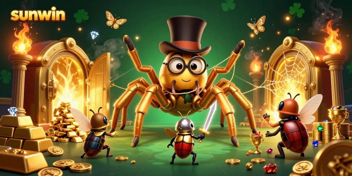 sunwin offers exciting gambling adventures in a vibrant 3D casino illustration featuring a golden tarantula and knight
