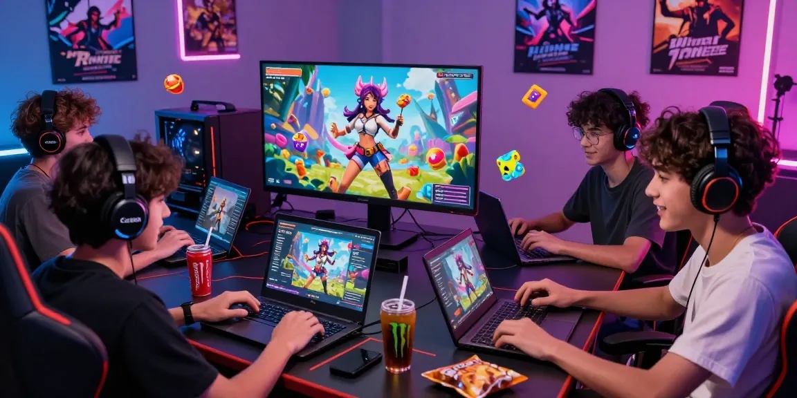 Dynamic social gaming scene with players enjoying html hentai games in an immersive and colorful environment.