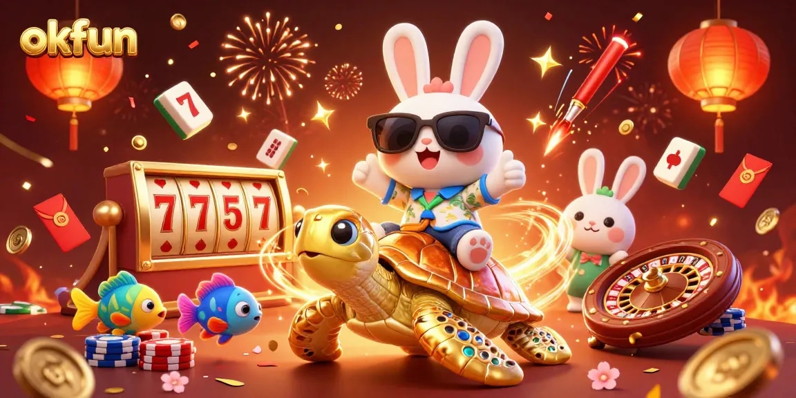 Experience the excitement of okfun with a vibrant 3D scene featuring a lucky rabbit, golden turtle, and slots