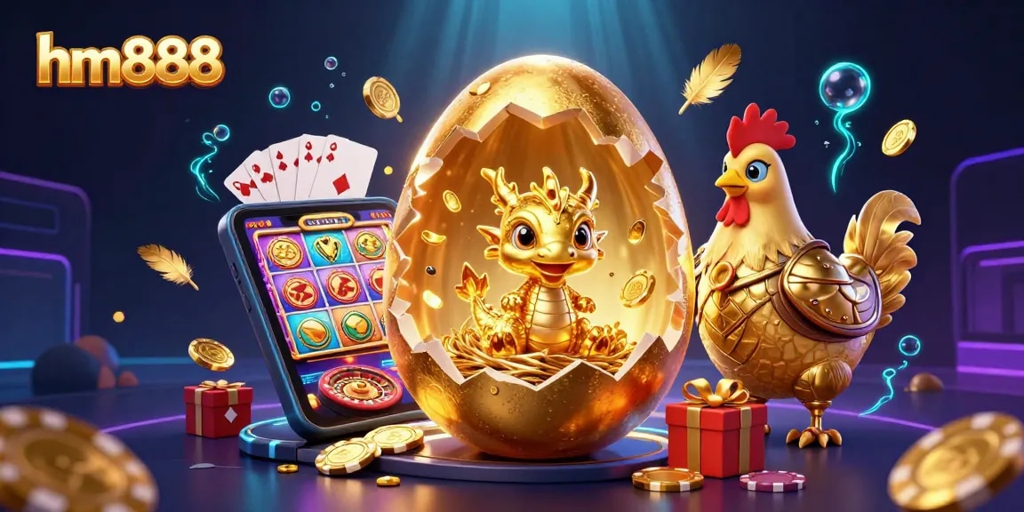 Experience the excitement at hm888 with a golden dragon and poker chips in a dynamic casino scene.
