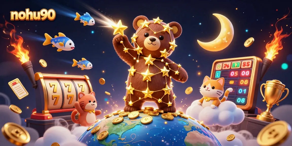 Experience thrilling gameplay with nohu90, as a constellation bear collects coins amidst vibrant slot reels.