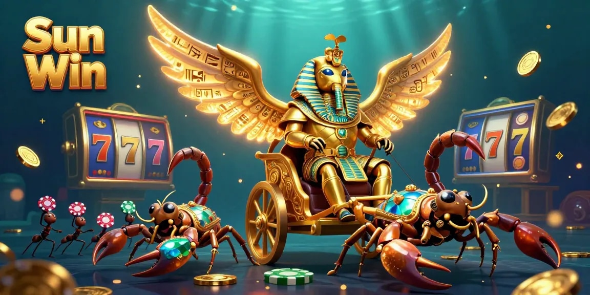 Experience the vibrant casino world of Sun Win with a colossal scarab beetle and jeweled scorpions.