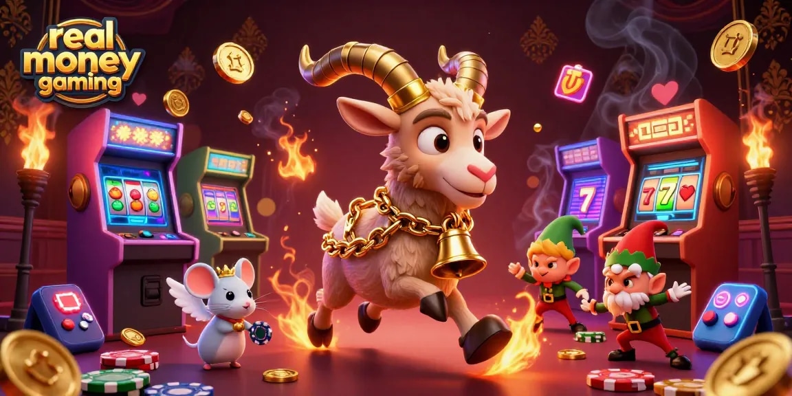 Engage in real money gaming excitement with Krampus, angel mouse, and elf gremlins in a festive casino.