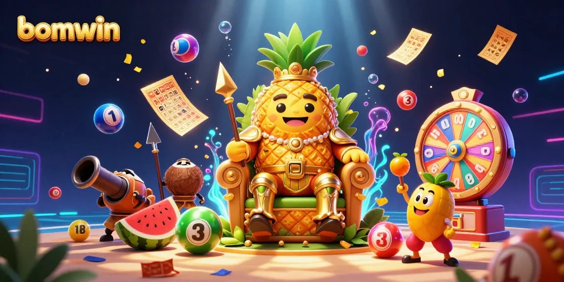 Engage with bomwin's vibrant lottery scene featuring a golden pineapple king with lively game elements.
