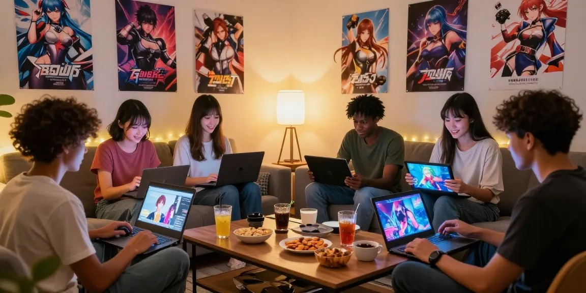 Group of friends enjoying hentai games in a cozy living room
