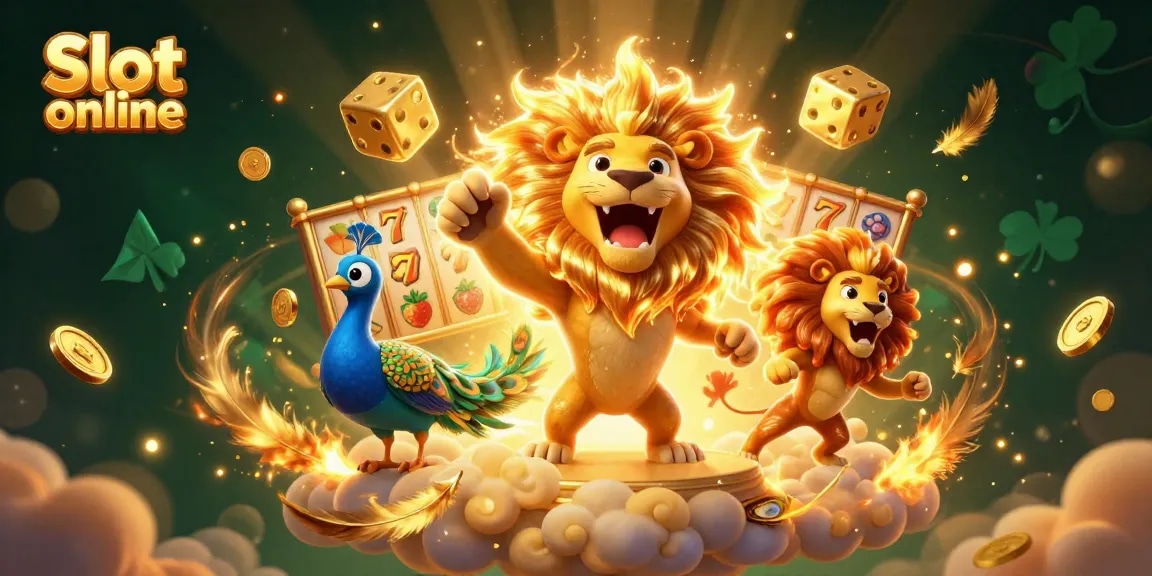 Mainkan Slot online dengan singa berani dan dadu emas di belakangnya dalam ilustrasi berwarna cerah.