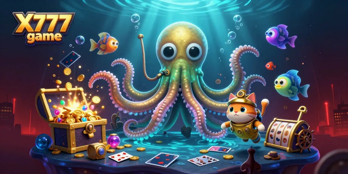X777 game brings excitement with underwater treasures, kraken, and vintage diver in a Casino-themed illustration.