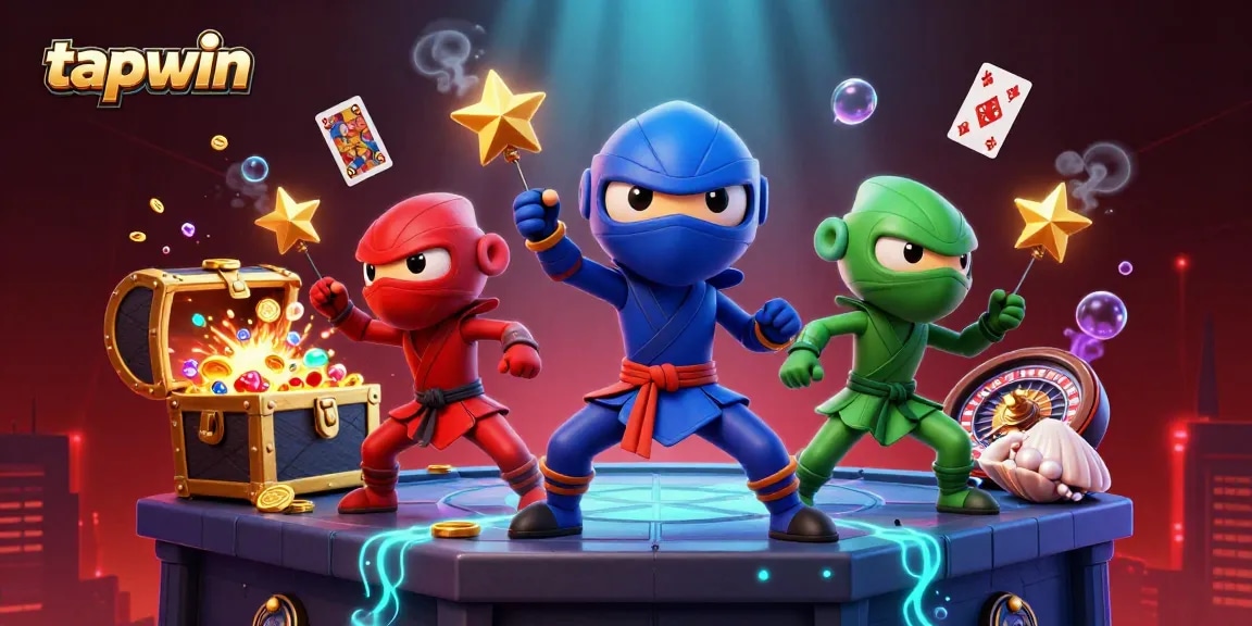 Experience thrilling gameplay on tapwin with 3D ninja chameleons amidst casino elements.