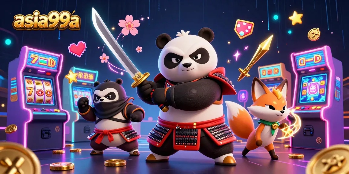 Engage with thrilling gameplay at asia99a, featuring a samurai panda amidst vibrant casino elements.