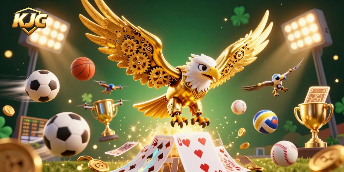 KJC showcases a dynamic 3D illustration of a cybernetic eagle amidst gambling elements like cards and sports balls.