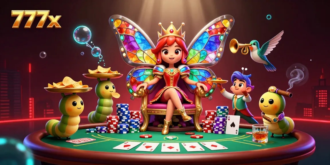 Experience a thrilling poker scene featuring the enchanting 777x queen amidst vibrant casino elements.