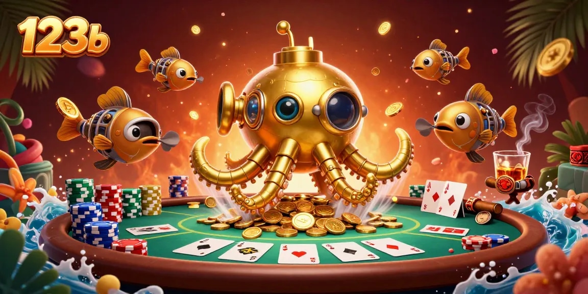 Experience the thrill of 123b with a vibrant poker scene featuring a golden kraken submarine.