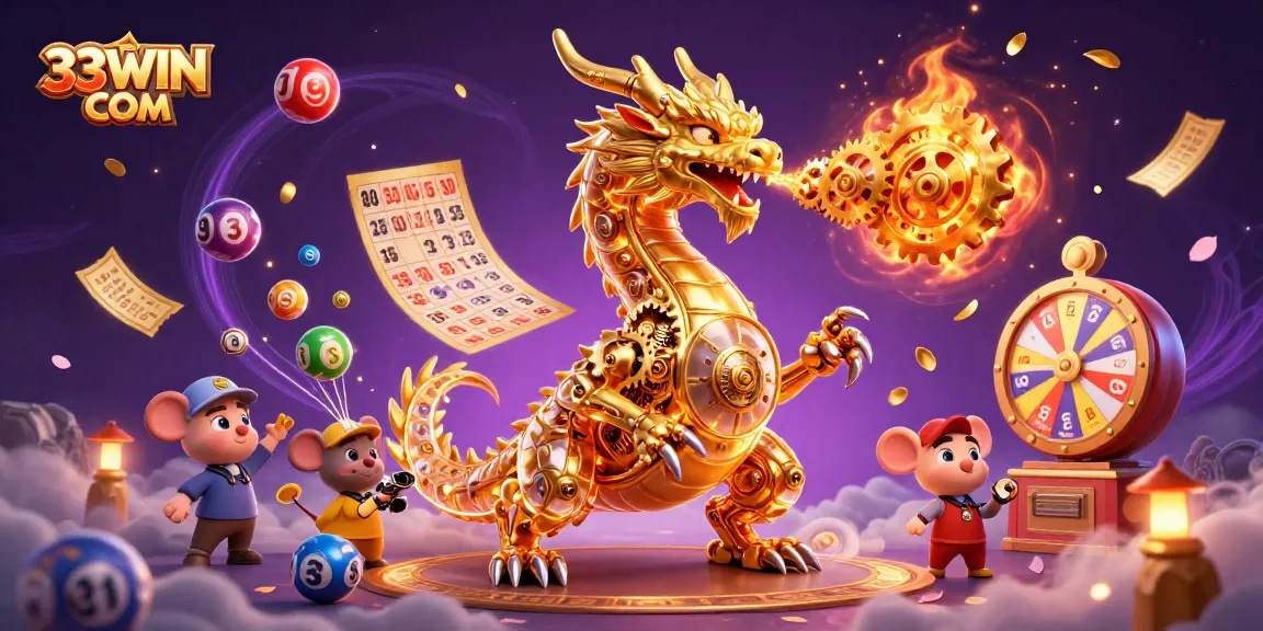 Engage in thrilling gaming adventures with 33WIN COM, showcasing a golden dragon and vibrant casino elements.
