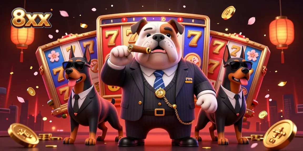 Experience the thrill of 8xx gameplay with vivid slot reels and a mafia boss in this casino-themed illustration.