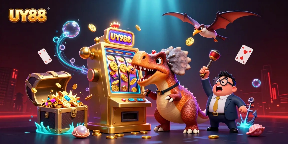 Catch a jackpot at UY88 with a pachycephalosaurus headbutting a golden slot machine in a vibrant casino scene.