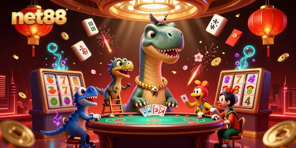 Engage with net88's vibrant casino scene showcasing a playful brontosaurus and raptor dealer.