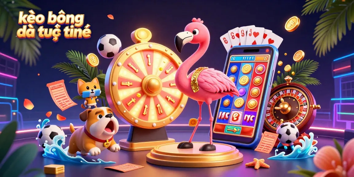 Kèo bóng đá trực tuyến visualizes an energetic game show scene with a flamingo host, bulldog contestant, and vibrant betting elements.