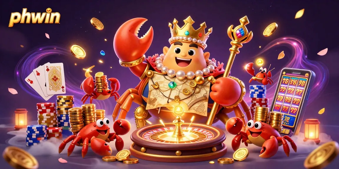 Engage with phwin in a vibrant casino scene featuring a golden crab emperor and gambling elements.