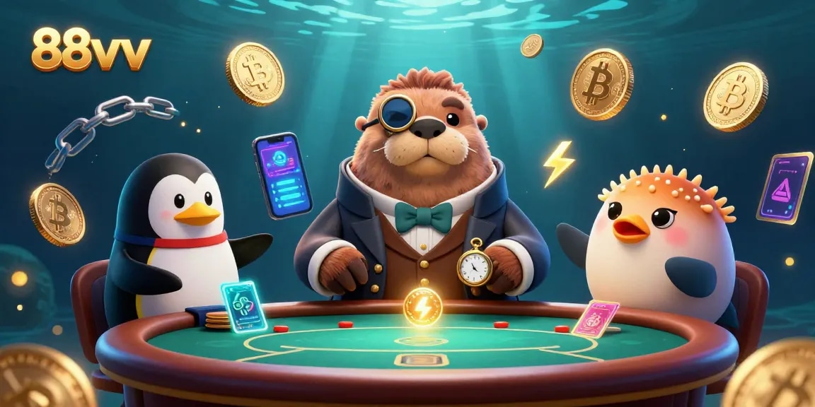 88vv players strategizing at a colorful underwater poker table with quirky characters.