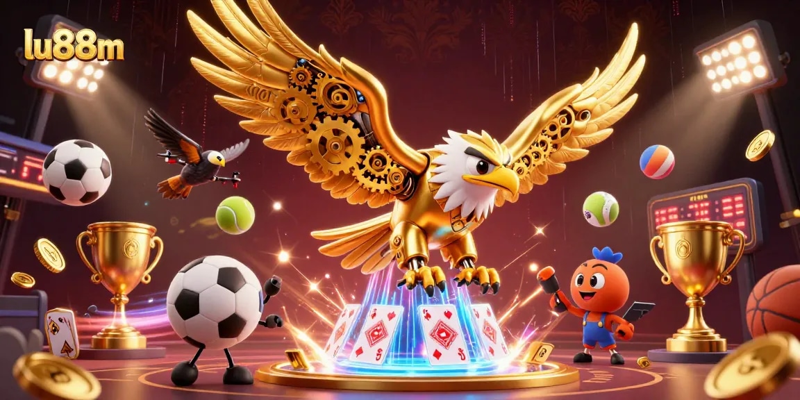 Engage with lu88m as a cybernetic eagle dives through holographic cards while sports balls fly.