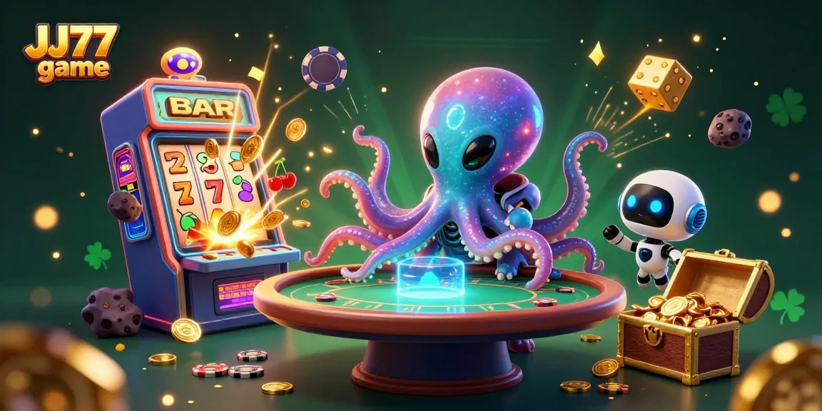 Experience the JJ77 game in a vibrant 3D casino scene with a thrilling alien octopus and dynamic gaming elements.