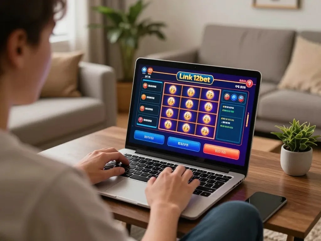 Tham gia trò chơi trực tuyến với Link 12bet trên máy tính xách tay trong một không gian phòng khách ấm cúng.