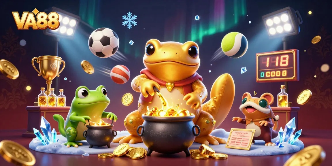 VA88 casino action with a golden salamander alchemist, sports betting elements, and dynamic gold effects.