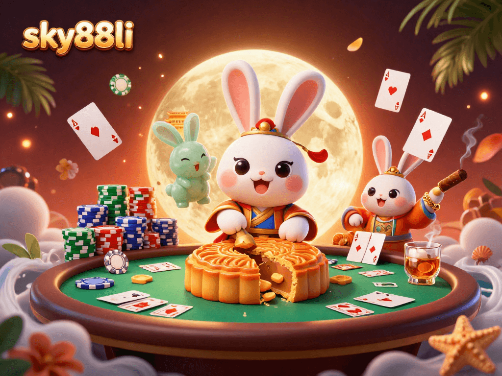 Experience thrilling poker action with sky88li as the moon rabbit spins golden mooncakes revealing poker chips.
