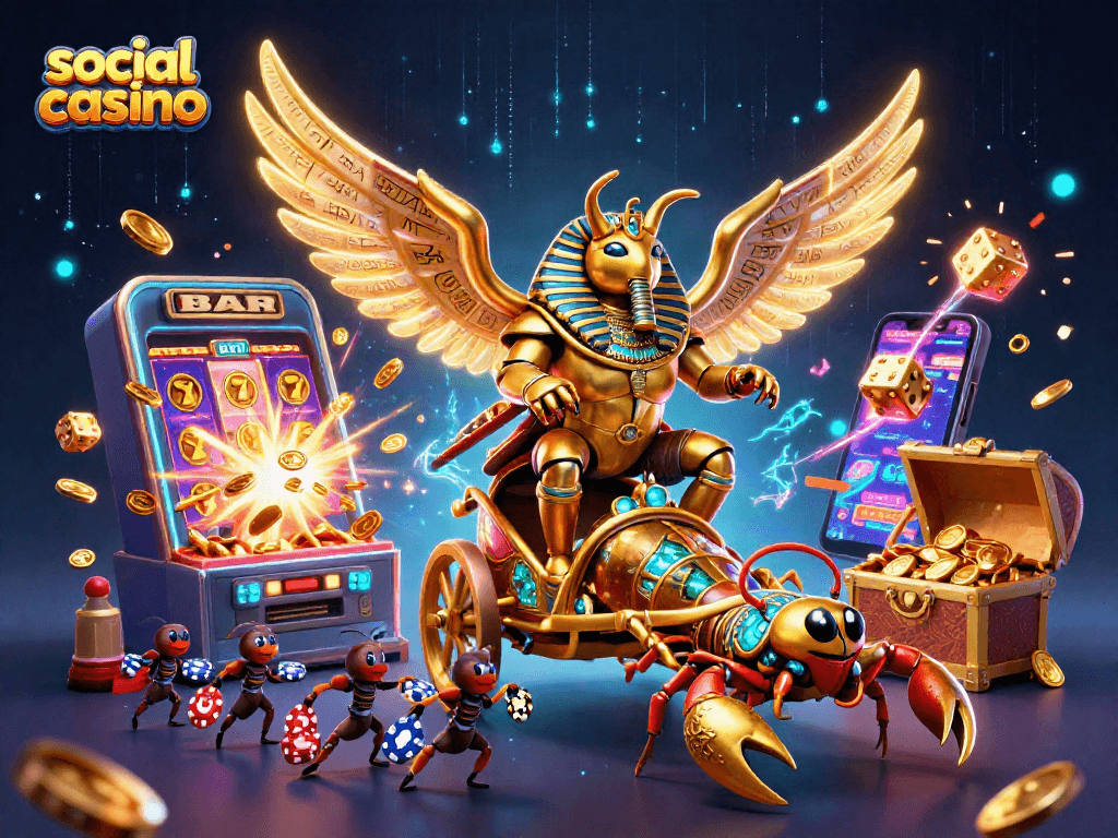 Spin to win at a social casino with vibrant 3D illustrations of epic gaming elements!