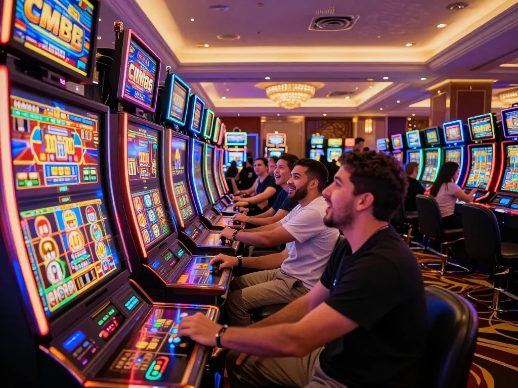 Players celebrate wins at CM88 slot machines, vibrant casino atmosphere with neon lights shining